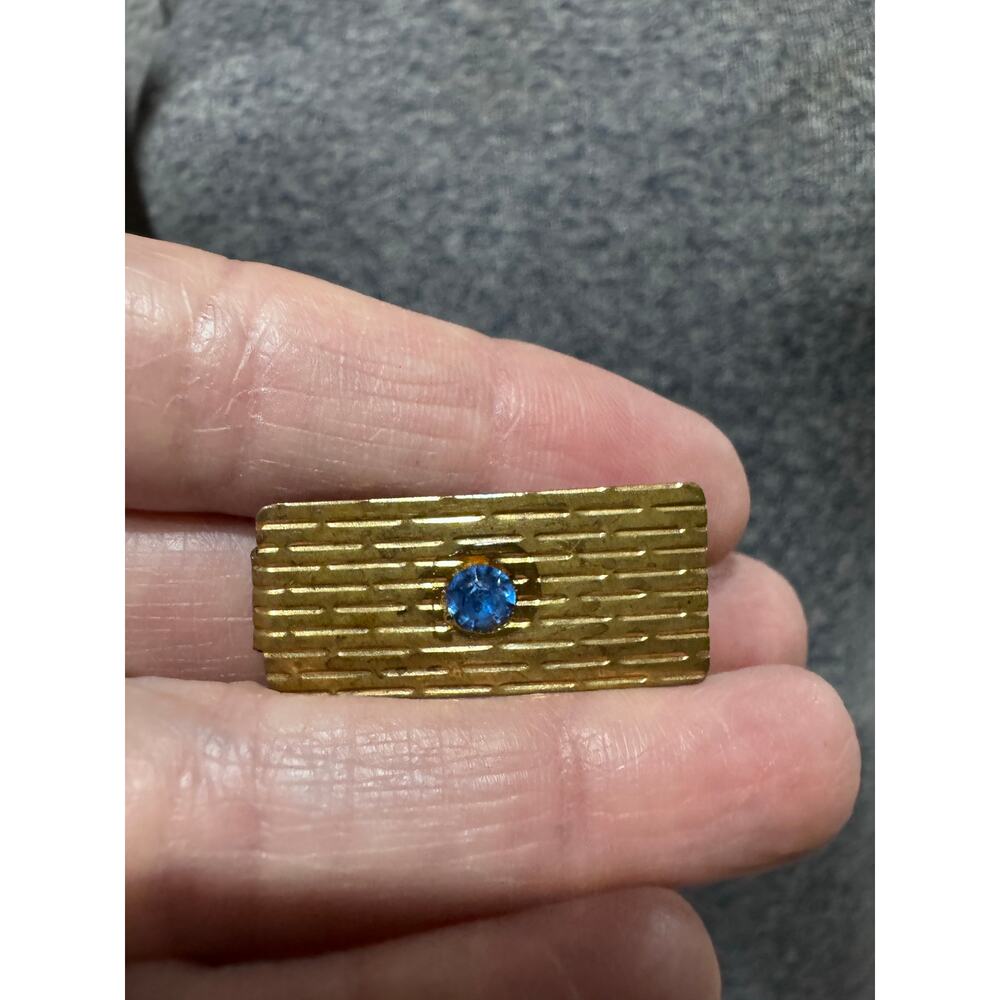 Gold tone and Sapphire, blue glass tie clip vintage